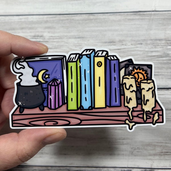 Witchy Book Shelf Glossy Vinyl Water Resistant Sticker | High-Quality Art Witchy Cauldron Tarot Candles Bookcase Crystals Bibliophile Gift