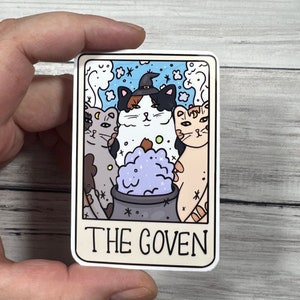 The Coven Tarot Card Glossy Vinyl Water Resistant Sticker | High-Quality Art Witchy Witch Divination Punny Funny Calico Tuxedo Orange