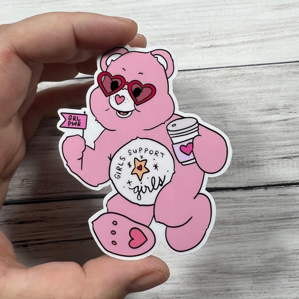 Feminist Care Bear Glossy Vinyl Water Resistant Sticker | High-Quality Art Feminism Heart Glasses Girl Power Positivity Femme