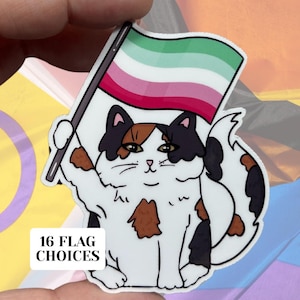 Abrosexual Pride Cat glänzender Vinyl wasserfester Aufkleber | Hochwertige Kunst LGBTQIA Gleichheit Flagge Stolz LGBT Pink Grün Weiß Calico Cute
