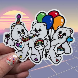 Pride Parade Care Bear glänzende Vinyl wasserfest Aufkleber | Hochwertige Kunst stolz LGBTQ Gay Regenbogen Ballons Lesben Bi Ace Aro Poly Enby