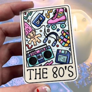 Die 80er Jahre Tarot-Karte glänzender Vinyl wasserfester Aufkleber | Hochwertige Kunst 1980er Jahre Rollschuhe Nostalgie Ghettoblaster Troll Kassette Hard Disk
