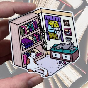 Cat Book Nook Januar 2024 Sticker Club glänzender Vinylaufkleber | Hochwertige Kunst Katzen Lese Regal Spielzeug Geschenk Leser Geschenk Sie
