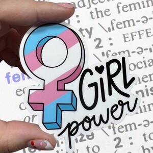 Girl Power Trans vrouwelijk symbool glanzende vinyl waterbestendige sticker | Hoogwaardige kunst LGBTQIA Equality Pride Transgender niet-binair roze blauw