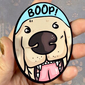 Boop Hund Oval glänzender Vinyl wasserfester Aufkleber | Hochwertige Kunst Welpen Geschenk Boopable Nase niedlichen blauen Tierliebhaber Golden Retriever