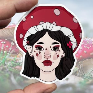 Adesivo de vinil brilhante resistente à água Red Mushroom Girl | Arte de alta qualidade Witchy Witches Cristais Adivinhação Lua Cogumelos Cottagecore