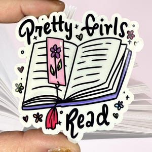 Pegatina de vinilo brillante resistente al agua "Chicas guapas leen" / Regalo de alta calidad para amantes de los libros, bibliófilos, marcapáginas divertido con rosas rosas y flores.