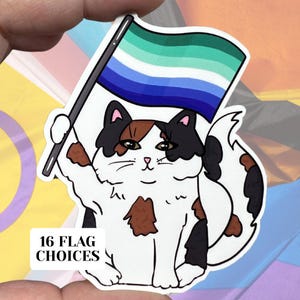 Pegatina de vinilo resistente al agua con diseño de gato del orgullo gay, diseño de alta calidad, bandera de igualdad LGBTQIA, orgullo LGBT, hombres, amor, hombre, bandera verde, azul y blanca
