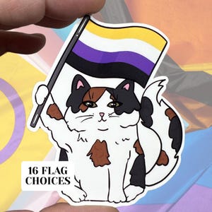 Niet-binaire Pride Cat glanzende vinyl waterbestendige sticker | Hoogwaardige kunst LGBTQIA Gelijkheidsvlag Trotse LGBT Enby NB No Gender Geel Purp
