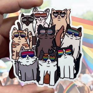 Sticker Cat Pride Glasses en vinyle brillant résistant à l'eau | Art de haute qualité Drapeau de l'égalité LGBTQIA Fier Pan Ace, allié gai, lesbienne, trans, Love is