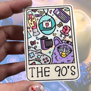 Die 90er Jahre Tarot-Karte glänzender Vinylaufkleber | Hochwertige Kunst 1990er Jahre Furby Tamagotchi Film Nokia Butterfly Clip Generation X
