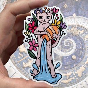 Aquarius Sternzeichen glänzender Vinylaufkleber | Hochwertige Kunst Sphynx Katze Januar Februar Luft Wasser Astrologie Konstellation