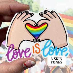 3 SKIN TONES - Love is Love Herz Hände glänzender Vinyl wasserfester Aufkleber | Hochwertige Kunst Regenbogen Gay Lesben Ace Proud Pride Bisexuell