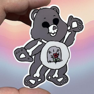Autocollant résistant à l'eau en vinyle brillant ours en peluche squelette | Oeuvres d'art de haute qualité, effrayantes sorcières d'Halloween, os gris RIP pierre tombale, os Boney