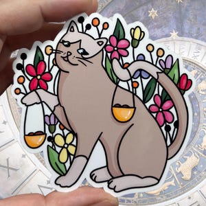 Pegatina de vinilo resistente al agua con el signo del zodíaco Libra, diseño de alta calidad, con diseño de gato, septiembre, octubre, Venus, aire, balanza, flores, cumpleaños