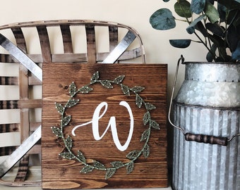 Wood Sign with calligraphy letter and string art greenery; modern farmhouse monogram sign; personalized wedding gift