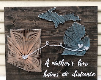 Long distance gift for mom/ Mother’s Day gift/ two states string art/ A mothers love knows no distance