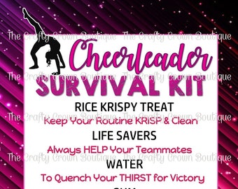 May include: Pink and black printable checklist with the text "Cheerleader Survival Kit" and a list of items including "Rice Krispy Treat", "Life Savers", "Water", "Gum", "Snickers", "Chips", and "Pretzel Sticks".