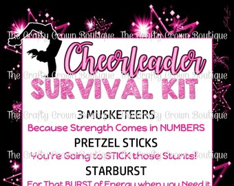 May include: A pink and black printable checklist titled "Cheerleader Survival Kit" with a list of items including "3 Musketeers", "Pretzel Sticks", "Starburst", "Pencil", "Apple", "Chips", "Water".
