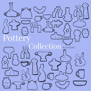 Può includere: Una collezione di disegni di ceramiche disegnati a mano in bianco e nero su uno sfondo blu chiaro. I disegni includono vasi, ciotole, tazze e altri pezzi in ceramica. Il testo "Pottery Collection" e "By PattaDEE" è incluso nell'immagine.