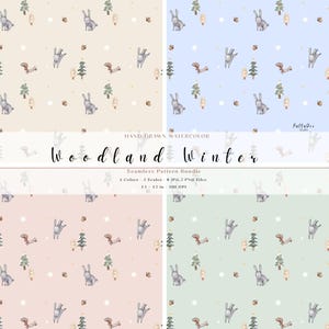 Woodland Winter Animals Seamless Patterns Bundle, Watercolor Bunny and Squirrel, Christmas Forest Fabric, 4 Pastel Colors, Digital JPG,PNG