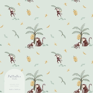 May include: Seamless pattern featuring watercolor illustrations of monkeys, banana trees, and bananas on a light green background. The design includes brown monkeys, green palm trees, and yellow bananas, creating a playful tropical theme.