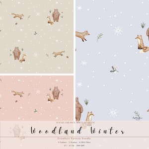 May include: A digital seamless pattern bundle titled Woodland Winter featuring watercolor illustrations of brown bears and foxes amidst white snowflakes and pine sprigs on beige, light blue, and soft pink backgrounds with 12 by 12 inch text.