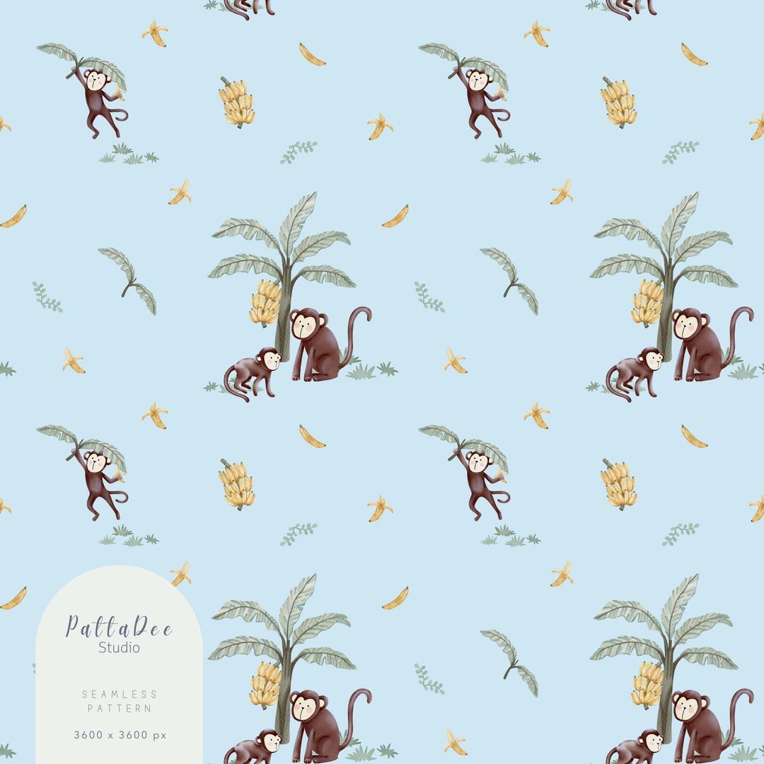 Monkey Color Patterns Monkey Seamless Pattern, Safari Solf Blue Nursery Wallpaper, Baby ...