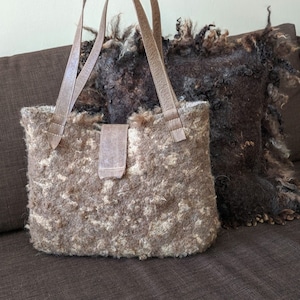 Beige Felted Leather Tote Bag, Casual Tote, Felt Handbag, Handmade Wool Shopper Fleece Locks Eco fashion Wool Leather Bag Boho Made to Order
