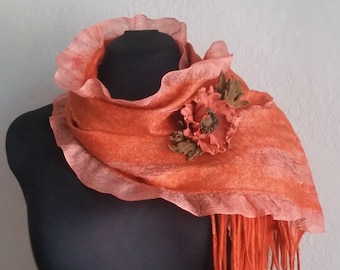 Felting silk scarf, Nuno Felted scarves, Orange scarves, Merino wool, Felted art, Special day, Gift for her, Ready to ship, Leather flowers