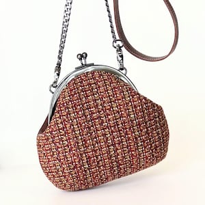 Leather Kiss Lock Handbag, Handmade Small Leather & Tweed Purse, Crossbody Shoulder Bag, Vintage Style, Ready to Ship