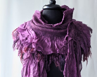 Silk Ruffles Scarf, Hand Dyed Silk, Purpule  Women Scarves, Nunofelting, Wool Scarf, Margilan Silk Boho Accessory Gift for her Ready to ship
