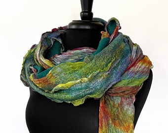 Silk scarf, Hand Dyed Silk, Multicolor Scarves, Nunofelting, Felted Wool Scarf Margilan Silk Gauze Boho Accessory Gift for her Ready to ship