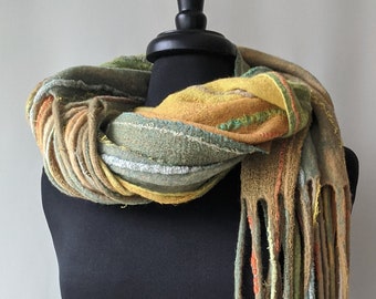 Green Wool Scarf, Women's scarves, Unisex Long Felted Wraps, Street Casual, Yellow Scarf Eco Friendly, Eco style, Gift for her Ready to ship