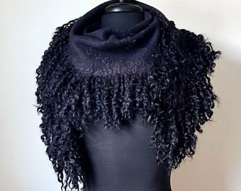 Felted Wool Scarf, Wensleydale Locks Felting Kerchief, Black Color Felted Scarf, Women Wrap, Eco Friendly, Merino Wool Scarf, Ready to Ship.