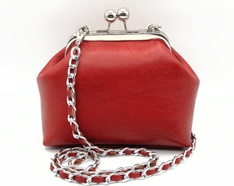 Rote Leder Kiss Lock Handtasche, kleine Ledertasche, handgefertigte Crossbody, Schultertasche mit oberem Verschluss, Vintage Kiss Lock Clutch, versandfertig