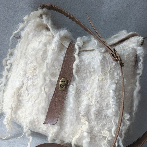 White Felted Bag, Leather Shoulder Bag, Leather long Strap, Masham Locks, Eco fashion Sheep Wool Felt Leather Cross Body Boho, Made to Order