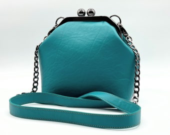 Leather Kiss Lock Handbag, Turquoise Handmade Bag, Top Closure Bag, Shoulder Bag, Small Vintage Bag Kiss Lock Purse Crossbody, Ready to Ship