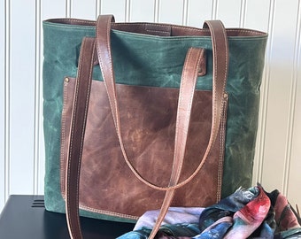 Casual Tote Bag, Leather Bag, Waxed Canvas Bag, Handmade Handbag, Shoulder Leather Bag, Casual Leather Bag, Waxed  Handbag, Ready to Ship.