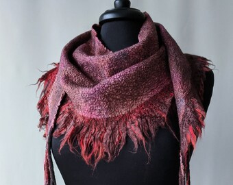 Red Women scarf, Felted Wool Kerchief, Silk scarves hand painted, Hand Dyed Silk, Nuno felting, Boho accessory, Gift for her, Ready to ship