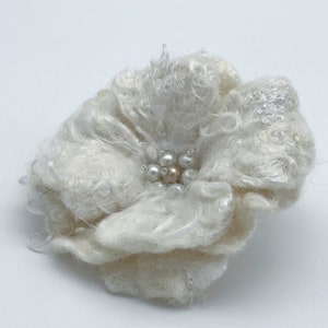 White Felt Brooch, Flower Brooch, Felt rose, Wool Handmade Brooch, Angora Goat Locks, Embroidered Pin Brooch, Ready to Ship