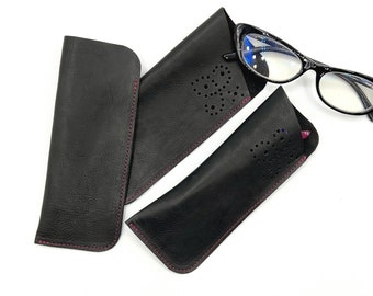 Black Leather Glasses Case, Handmade Leather Glasses Organizer, Leather Eyeglasses Case, Eyewear Cases Leather Accessory Gift Ready to Ship