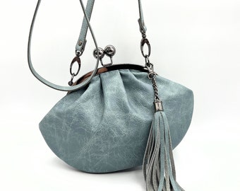 Leather Kiss Lock Handbag, Clutch Bag, Evening Bag, Classic Handbag, Handmade Crossbody Gray Color small Purse, Vintage Clutch Ready to Ship