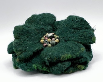 Green Felted Brooch, Flower Brooch, Felt rose, Wool Handmade Brooch, Embroidered Pin Brooch, Ready to Ship