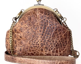 Embossed Genuine Leather Bag, Handmade Small Bag, Top Closure Bag, Retro Clutch, Vintage Kiss Lock Evening Purse, CrossBody, Made to Order