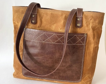 Everyday Tote Bag, Handmade Bags, Handbag, Canvas Bag, Shoulder Leather Bag, Casual Tote Bag, Waxed  Handbag, Ready to Ship.