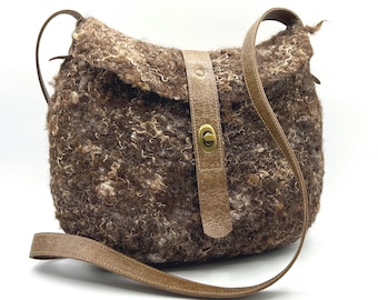 Brown Felted Bag, Leather Shoulder Bag, Leather long Strap, Eco fashion Sheep Wool Felt Leather Cross Body Boho, Ready to Ship