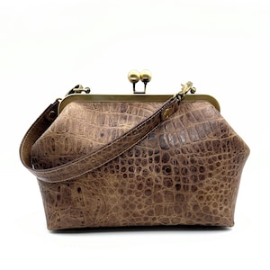 Leather Handbag, Embossed Genuine Leather Bag Kiss Lock Purse Handmade Top Handle Bags, Evening Handbag Vintage Retro Handbag  Ready to Ship
