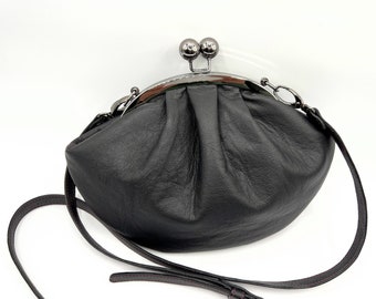 Black Leather Clutch Bag, Kiss Lock Handbag, Evening Bag, Handmade Crossbody, Top Closure Shoulder Purse, Vintage Clutch, Ready to Ship