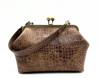 Leather Handbag, Embossed Genuine Leather Bag Kiss Lock Purse Handmade Top Handle Bags, Evening Handbag Vintage Retro Handbag  Ready to Ship